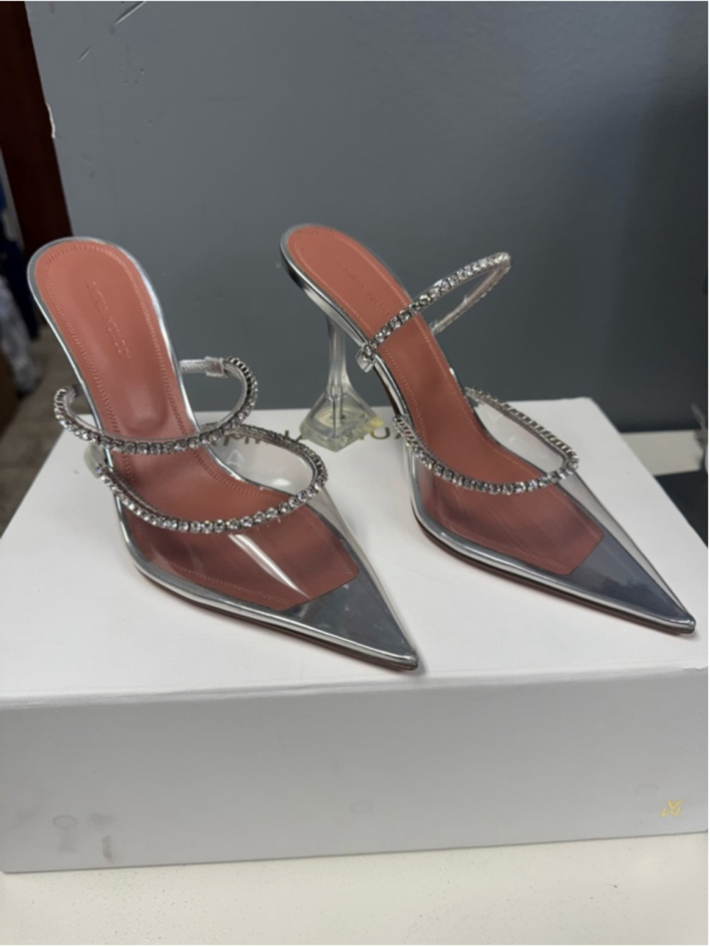 Amina Muaddi Gilda glass Silver Crystal-Strap Clear Pointed Mule